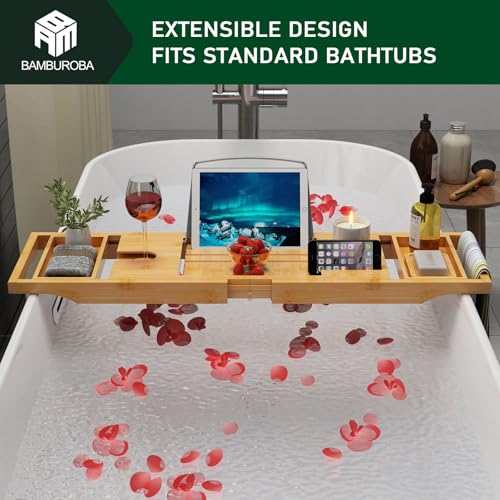 Bamboo Bathtub Caddy Tray Expandable for Luxury Bath, Bath Accessories & Table with Wine Glass Holder, Book Stand Bathroom Organizer with Extending Sides for Men/Women,Natural