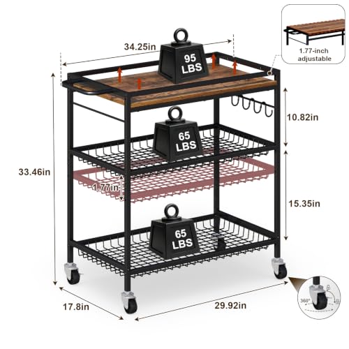 Pkuyres 29.92x17.8x33.46-Inch Heavy-Duty 3-Tier Rolling Kitchen Cart with Adjustable Shelf & Lockable Wheels