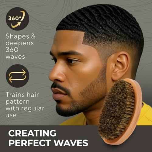 GUARD&MARINE Wave & Beard Brush for Men ? Natural Boar Bristles, Palm Curve Design, Wood Handle ? Shapes 360 Waves & Softens Beard