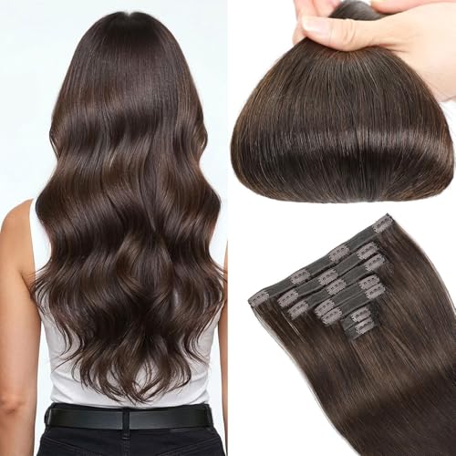 Dark Brown Clip in Hair Extensions - 20 Inch Human Hair, 7PCS, Easy Wear (Variation #2)
