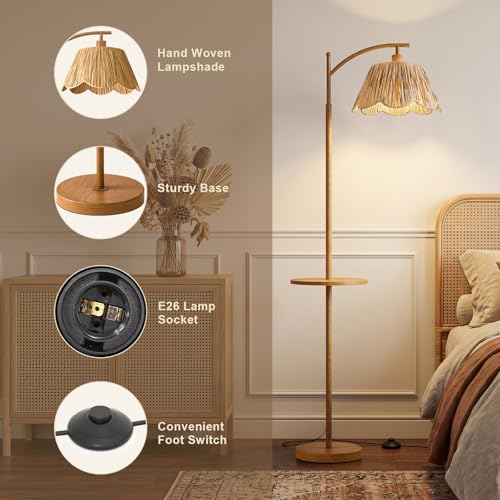 Oneach Woodgrain Floor Lamp with Table, Rattan Shade & Foot Switch - Farmhouse Style