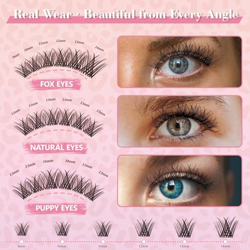 Lash Clusters Kit D Curl Natural DIY Extension Kit, Wispy Lashes 9?14mm, Cluster Eyelash Extensions Beginner Kit, 144pcs with Tweezers, Bond & Seal