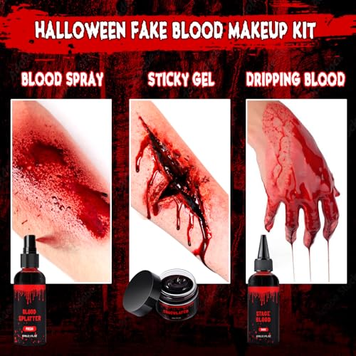 Halloween Fake Blood Makeup Kit, Blood Spray 2.1oz + Dripping 2.1oz + Coagulated 1.41oz(3PCS), Washable Realistic SFX Makeup for Cosplay, Clothes, Vampire, Zombie, Scary Clown