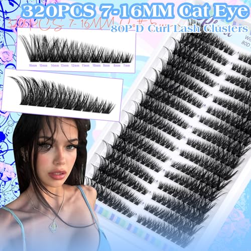 Lash Clusters 320 Pcs Individual Lashes Clusters 7-16 MM Cat Eye Wispy Eyelash Clusters D Curve 80D Cluster Eyelash Extensions Easy DIY Lash Extension at Home