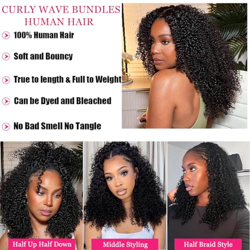 Natural Color Pixie Curly Human Hair Bundles 14 Inch Water Wave Textured Extensions - Black Women