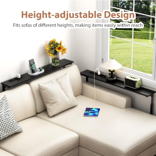 Black Adjustable Height Narrow Console Table with Power Outlets - 90 Inch Sofa Entryway Table