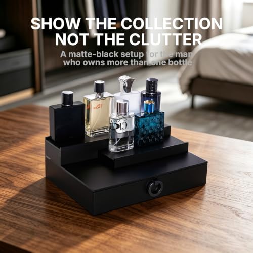 GOH&FTY Matte Black Cologne Organizer with Drawer & Hidden Compartment - 3-Tier