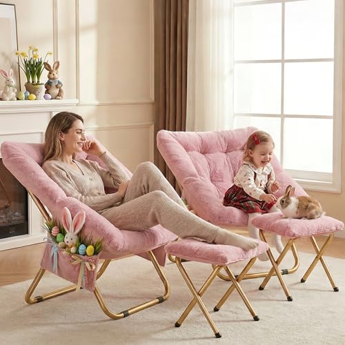 Foldable Faux Fur Lounge Chair - Pink Comfy Saucer Chair for Living Room & Bedroom