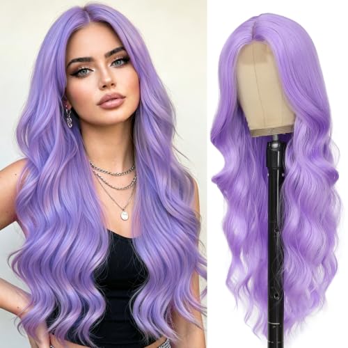 Long Purple Wavy Wig for Women 26 Inch Light Purple Middle Part Curly Wig - Angzon