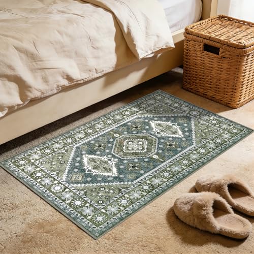 Washable Rug 2x3 Feet Vintage Distressed Living Room Bedroom Floor Carpet with Non-Slip Rubber Back
