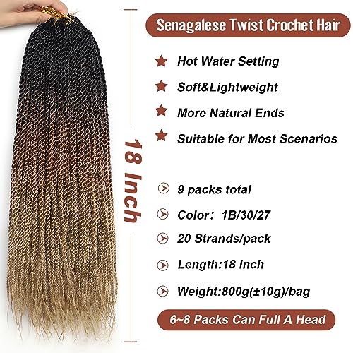Senegalese Twist Crochet Hair - 18 Inch Pre-Looped Braids - 1B/30/27 - 20 Strands/Pack, 9 Packs