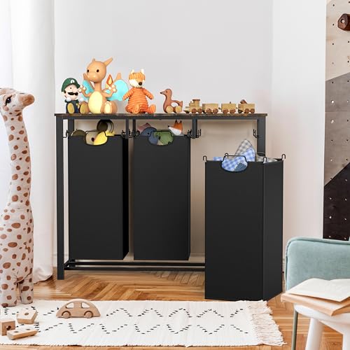 Laundry Sorter with Tabletop Shelf - 3-Section Steel Frame, Rustic Brown