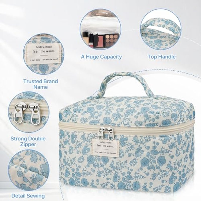 Large Floral Makeup Bag for Women, Cute Quilted Cosmetic Bag Travel Toiletry Organizer Make up Bag, Coquette Aesthetic Big Makeup Bags for Girls Gift (Blue)