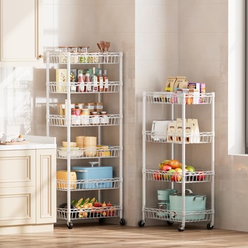 6-Tier Adjustable Wire Shelving Rack with Wheels and Baskets - White, 17x12x63 inches