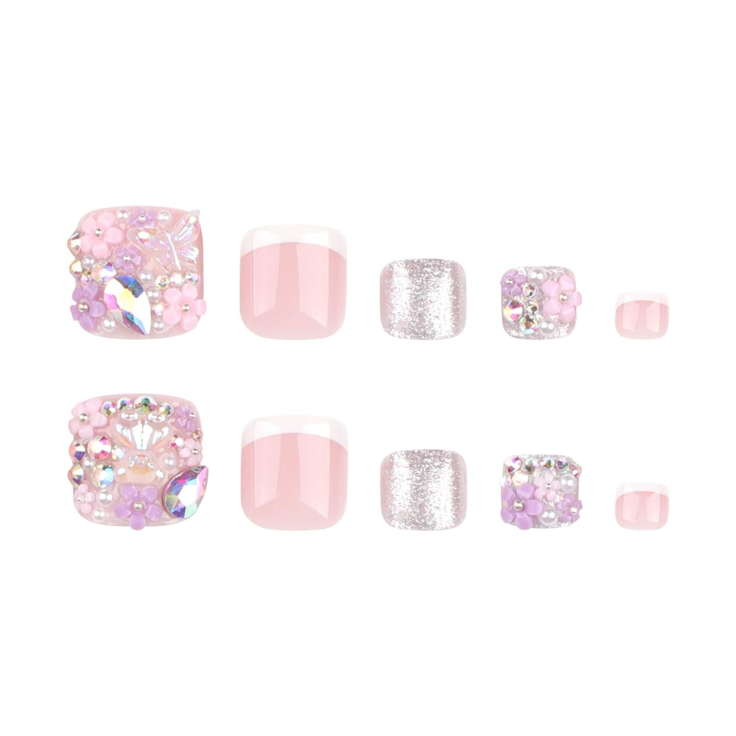 Press on Toenails Flowers Fake Toe Nails Pearls False Toenails Glossy Full Cover Acrylic Glue on Toenails Rhinestones Toe Press on Nails Artificial Stick on Toenails for Women Manicure 24 Pcs