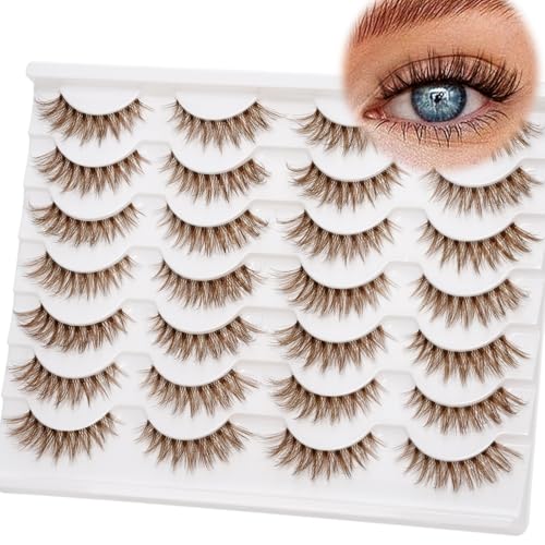EMEDA Brown Lashes 14mm Natural Light Brown False Eyelashes Clear Band 14 Pairs Faux 3D Mink False Eyelashes Natural Looking Fluffy Cat Eye Wispy Strip Lashes Pack by EMEDA (ZH01-BROWN£©