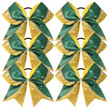 Aileam Glitter Cheer Bows Bulk Set - Green & Gold Rhinestone 8-Inch Cheerleading Hair Accessories for Girls & Teens Variation of A-Glitter Green/Gold+Rhinestone / 8" (6 Pack)