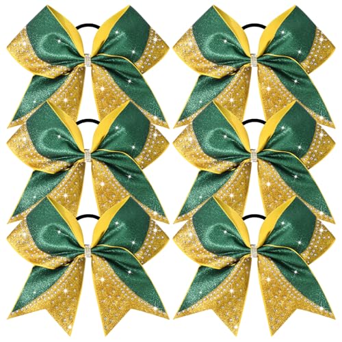 Aileam Glitter Cheer Bows Bulk Set - Green & Gold Rhinestone 8-Inch Cheerleading Hair Accessories for Girls & Teens Variation of A-Glitter Green/Gold+Rhinestone / 8" (6 Pack)