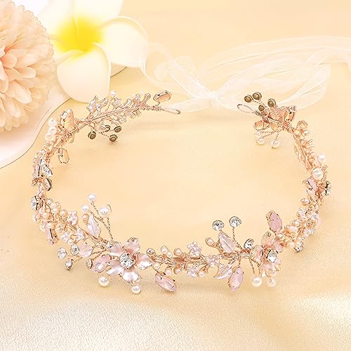 Rose Gold Bridal Headpiece with Flowers Pearls and Rhinestones - Wedding Hair Vine