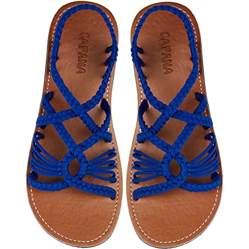Royal Blue Woven Women's Flat Sandals - Boho Strappy Rope Beach Shoes, Summer Casual Flats for Teen Girls