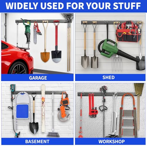Garage Tool Organizer Wall Mount - 64 Inch Heavy Duty Steel Storage System with 10 Adjustable Hooks - Black