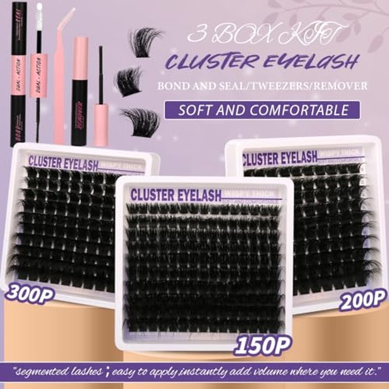 Lashes Clusters Kit Gift Packs 3 Styles 350Pcs with Bond&Seal Glue Remove Volume Soft False Eyelash Extension 150D+200D+300D D Curl Wispy DIY Individual Fake Eyelashes Box for Beginners Bulk Pack