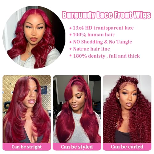 24 Inch Burgundy Lace Front Wigs Human Hair 13x4 HD Transparent Body Wave Pre Plucked 180% Density Glueless