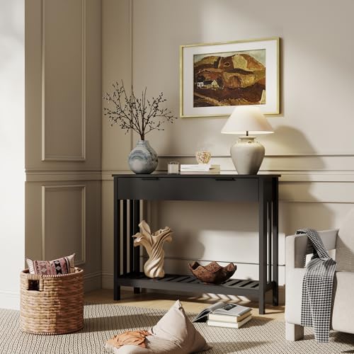 Black Narrow Console Table with Storage - Modern Entryway Sofa Table