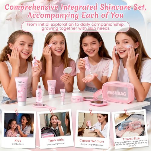 Sakura & Milk Skincare Set for Teens & Kids, 15 PCS Complete Day & Night Face Routine Kit for Girls & Office Worker, Hydrating, Shrink Pores, Perfect Gift Set for Self Care, Birthday, Party