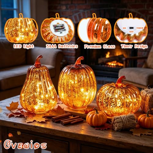 Orange Mercury Glass Pumpkin Light Set - 3 Pack Fall Halloween Porch Decor