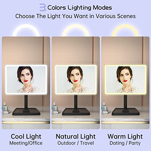 FUNTOUCH Rechargeable Makeup Vanity Mirror with Lights, Large Lighted Desk Makeup Mirror with 96 LED Lights and 10x Magnifying, 3 Color Lighting, Make up Light Mirror with Phone Holder,Black