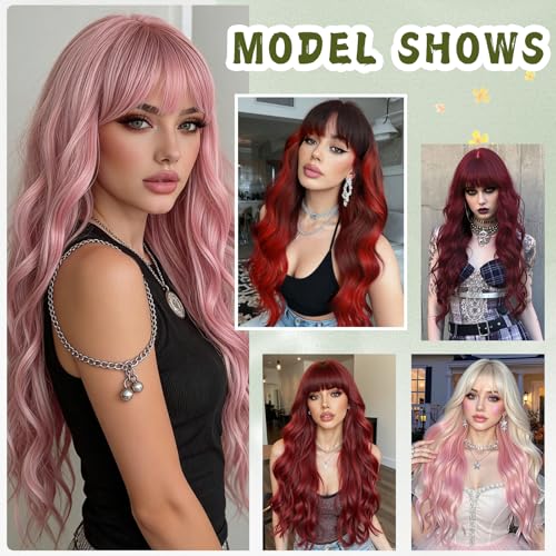 Angzon Blonde Pink Wavy Wig with Bangs, 26 Inch, Heat-Resistant Synthetic Fiber