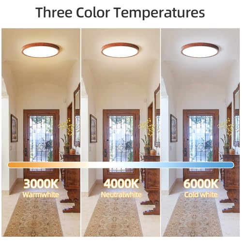 HEYAN 16-Inch Walnut Wood Flush Mount Ceiling Light Fixture 2 Pack with Adjustable Color Temperature