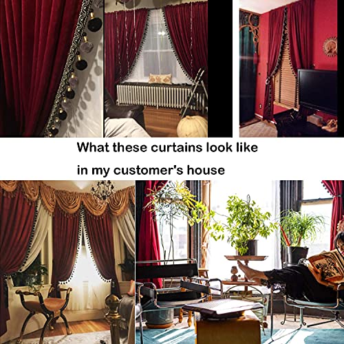 Burgundy Velvet Curtains with Tassel Trim - 52W x 96L Double Pack, Blackout Drapes for Living Room & Bedroom