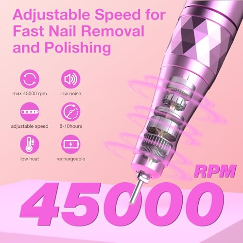 Pink Electric Nail Drill Kit 45000 RPM Cordless USB Rechargeable Manicure Tool