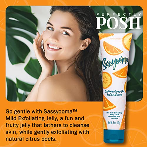 Perfectly Posh - Sassyooma Mild Jelly Exfoliating Body Scrub - Gentle Citrus Body Exfoliator with Fruit Peels and Sweet Citrus Scent - 170grams