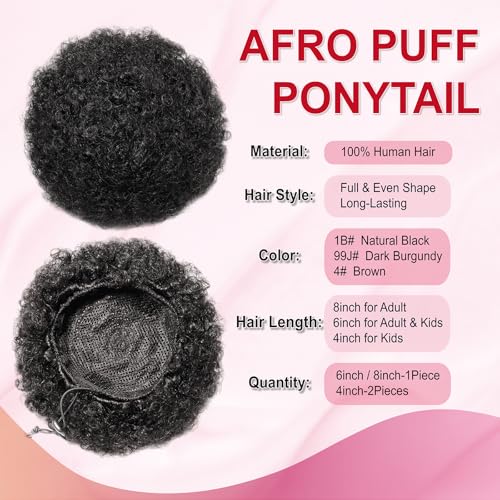 8 Inch Afro Puff Ponytail Extensions Human Hair Natural Black Clip-On Curly Bun