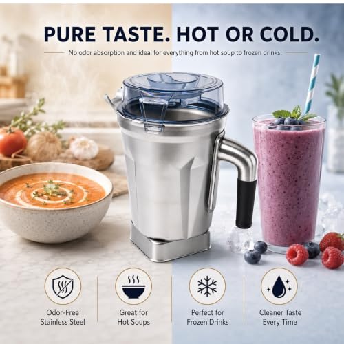 64 Oz Stainless Steel Blender Pitcher with Recognition Chip - Compatible with Ascent & More