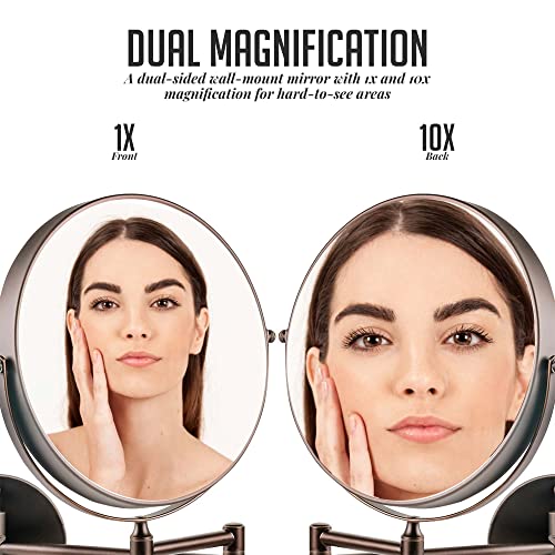 OVENTE 9" Wall Mounted Makeup Mirror with 1X/10X Magnification, Double Sided Magnifying Round Bathroom Vanity Mirror, 360¡Æ Swivel Design, Extendable and Folding Arm, Antique Bronze MNLFW90ABZ1X10X