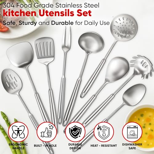 Newness 9 Pcs Stainless Steel Cooking Utensil Set - Long Handle Kitchen Tools