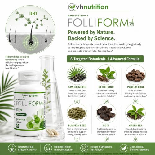 VH Nutrition FOLLIFORM DHT Blocker for Men & Women - 1500mg, Pack of 2, 60 Capsules Each