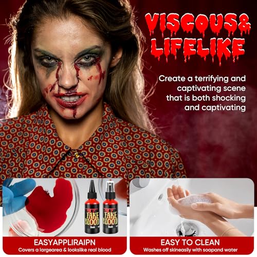 7 PCS Halloween Fake Blood Spray Makeup Kit - Fake Blood 2.1oz X4 + Coagulated Blood Gel 1.41oz + Soap + Sponge, Washable Blood Paint for Clothes SFX Makeup Vampire Accessories, Dark & Fresh