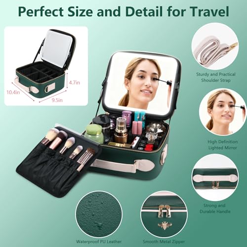 Travel Makeup Bag with Light Up Mirror - Green Waterproof Cosmetic Case with LED Lights & Adjustable Dividers