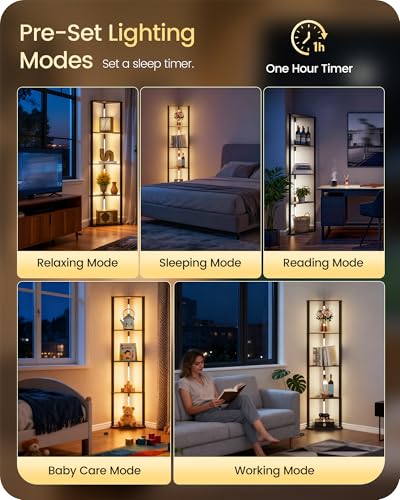 GOEBLESON 63.4" Corner Floor Lamp with Shelves & Dimmable LED Light - Black Triangle