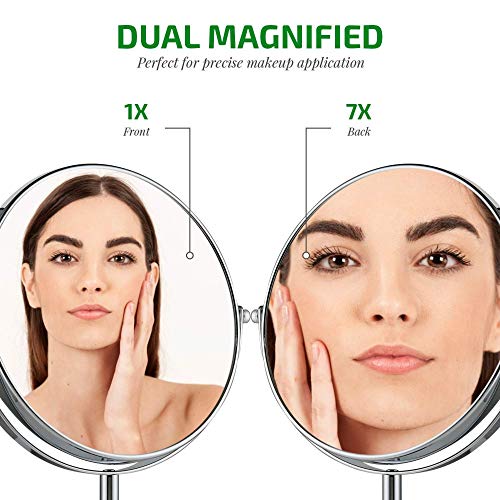 OVENTE 8" Tabletop Makeup Mirror with 1X/7X Magnification, 360¡Æ Swivel Design and Double-Sided Free-Standing Vanity Mirror Perfect for Bathroom, Bedroom, Office & Travel, Polished Chrome MNLMT80CH1X7X
