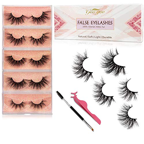 GOO GOO Mink Eyelashes, Middle Long Crossed Cluster Type False Eyelashes 18mm-25mm 5 Styles Multipack Natural Layered Hand Made Strips Siberian 3D Mink Lashes Fluffy Full Fake Eyelashes
