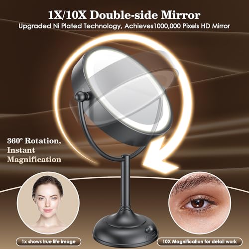 8.5-Inch Lighted Makeup Mirror with 10X Magnification, Dimmable LED Lights, Black Nickel Finish, 360° Rotation