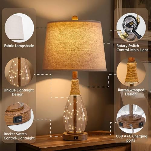 OYEARS Farmhouse Glass Bedside Lamps Set of 2 with Wood-Like Finish & Rattan Accents