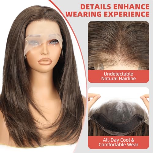 Brown Synthetic Lace Front Wig 20 Inch Long Layered Hair for Women - Glueless & Natural Hairline