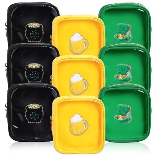 9 Pcs St. Patrick's Day Makeup Bag Set Clear PVC Shamrock Cosmetic Bag with Zipper Transparent Leprechaun Hat Pot of Gold Beer Chenille Makeup Pouch Irish Toiletry Organizer (6 "x 5")